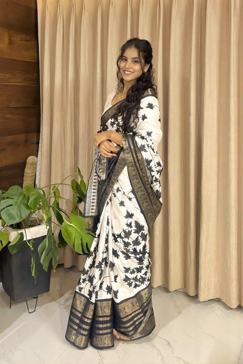 White Printed Cotton Silk Blend Saree
