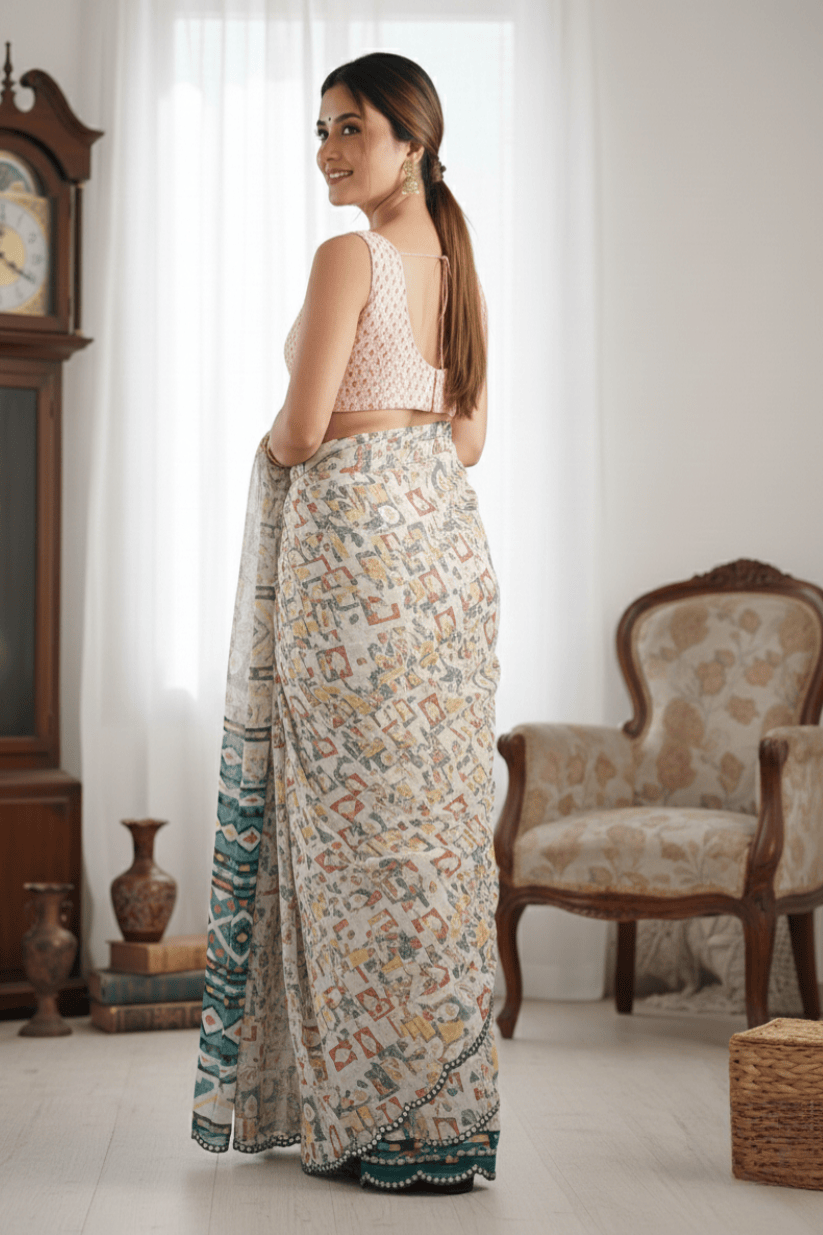 White Printed Georgette Saree