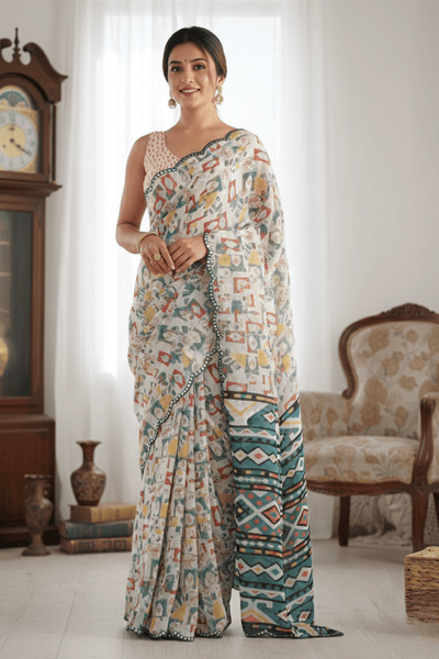 White Printed Georgette Saree