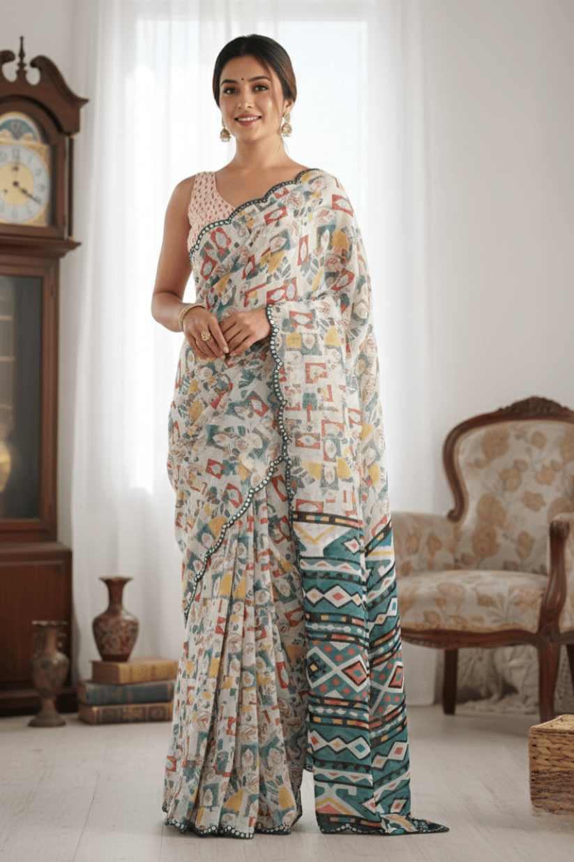White Printed Georgette Saree