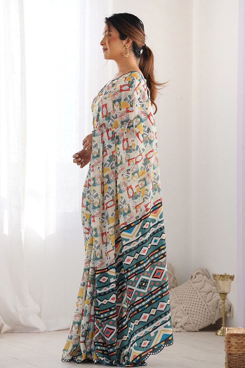 White Printed Georgette Saree