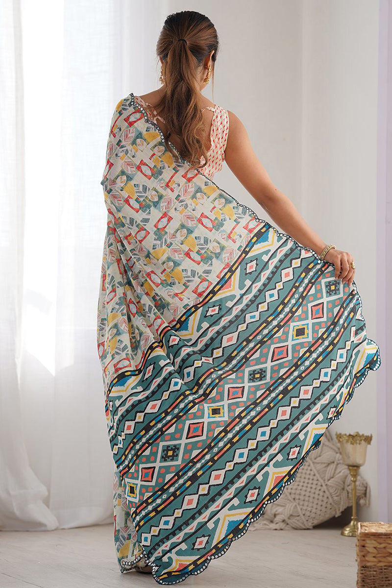 White Printed Georgette Saree