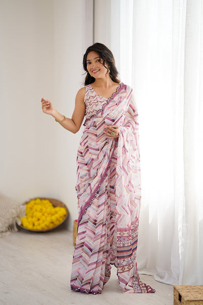 White Printed Mirror Work Georgette Saree
