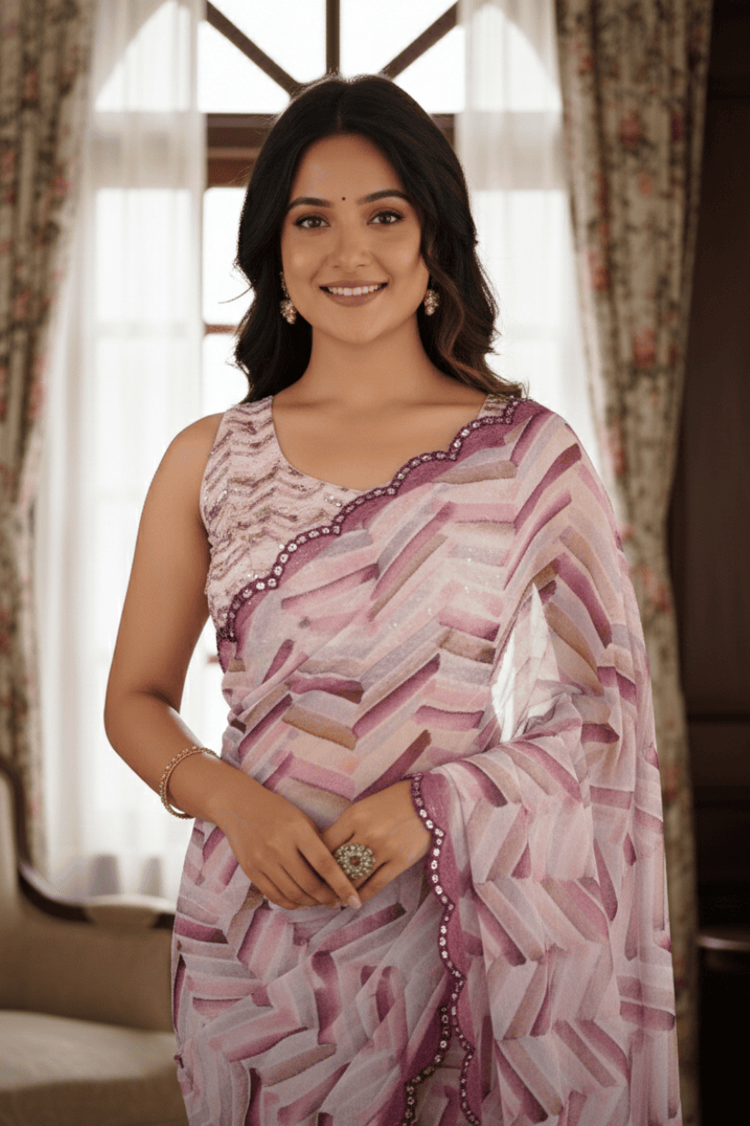 White Printed Mirror Work Georgette Saree