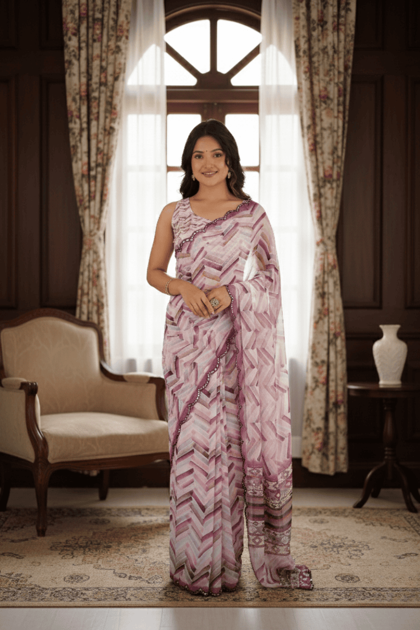 White Printed Mirror Work Georgette Saree