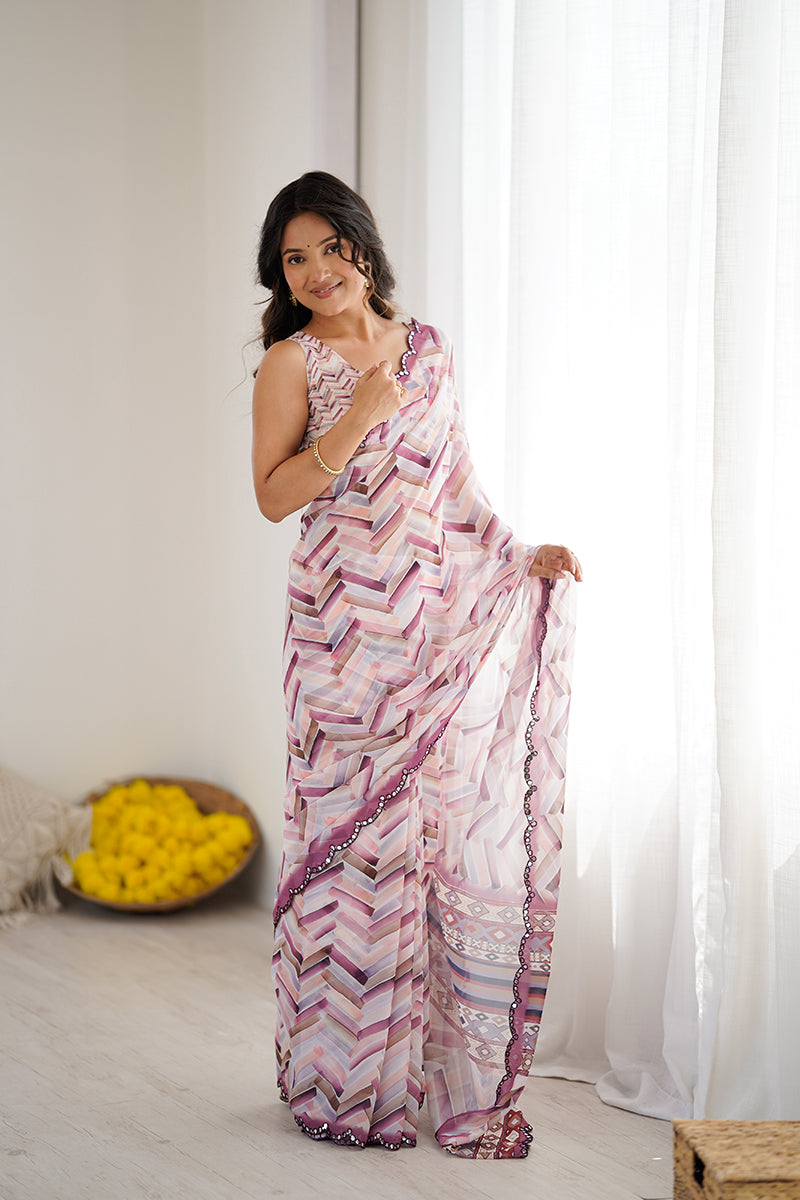 White Printed Mirror Work Georgette Saree