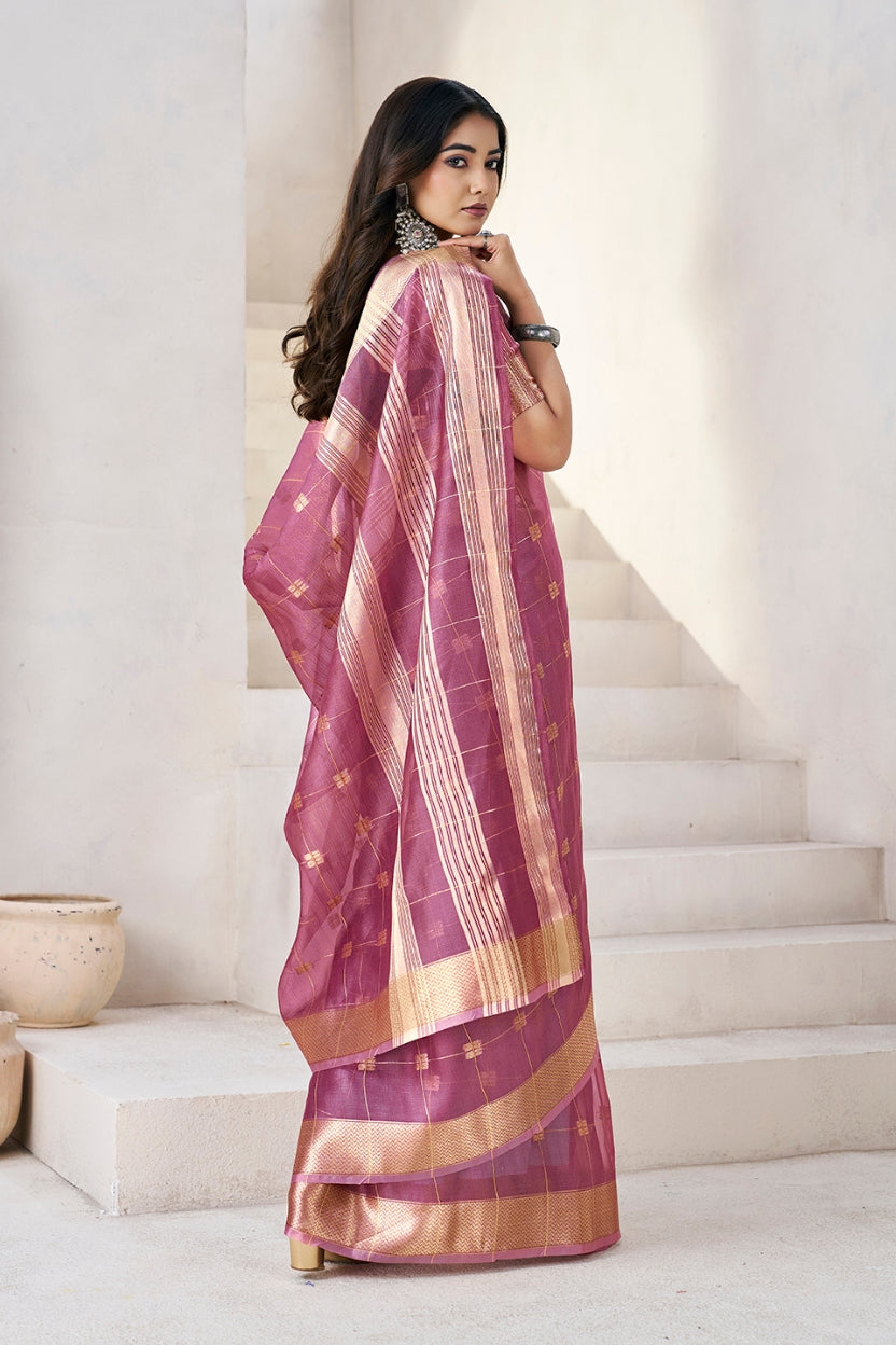 Wine Linen Cotton Zari Silk Weaving Saree