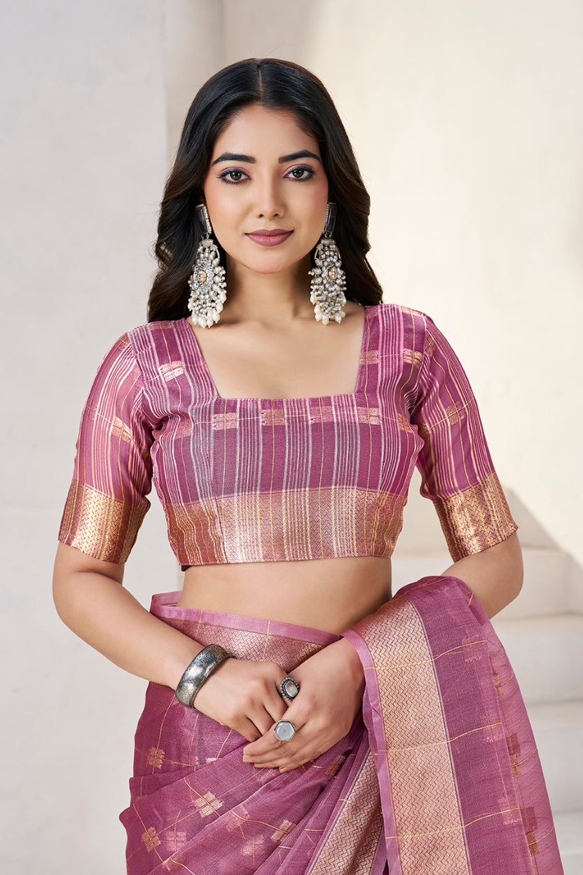 Wine Linen Cotton Zari Silk Weaving Saree