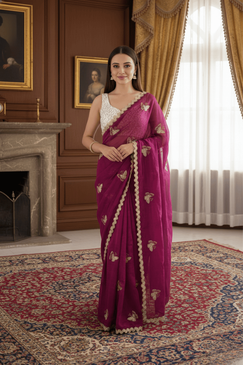 Wine Crunchy Silk Embroidery Saree