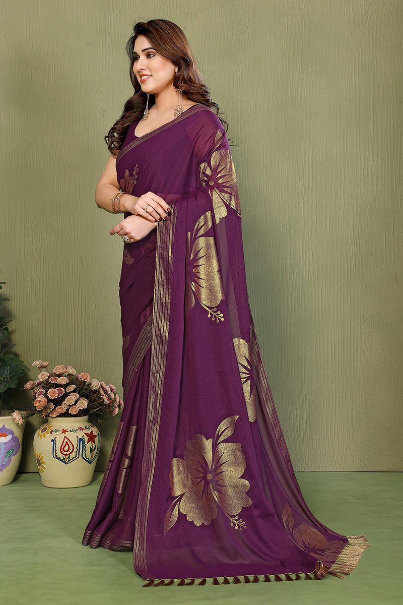Wine Foil Printed Georgette Saree