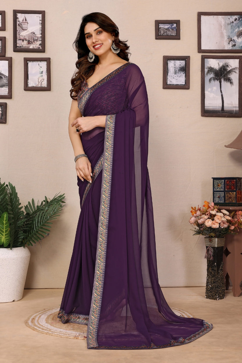 Wine Georgette Lace Border Saree