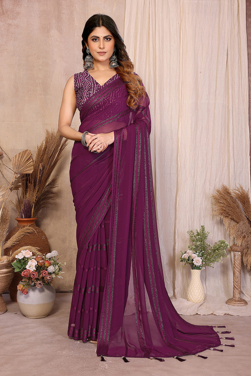 Wine Plain Georgette Saree