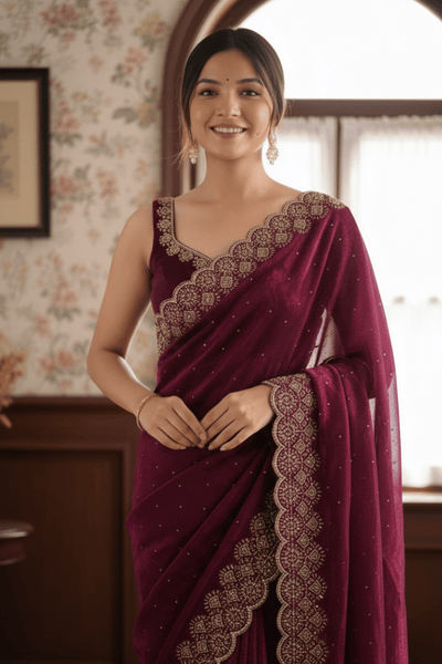 Wine Soft Silk Swarovski Embroidery Saree
