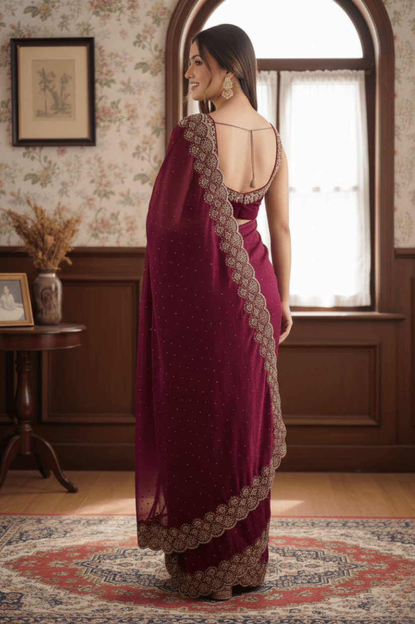 Wine Soft Silk Swarovski Embroidery Saree