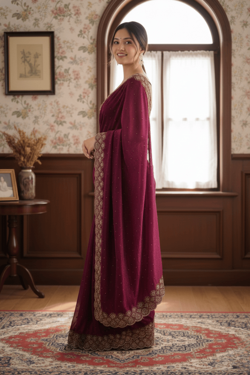 Wine Soft Silk Swarovski Embroidery Saree