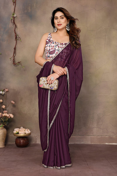 Wine Solid Plain Georgette Saree
