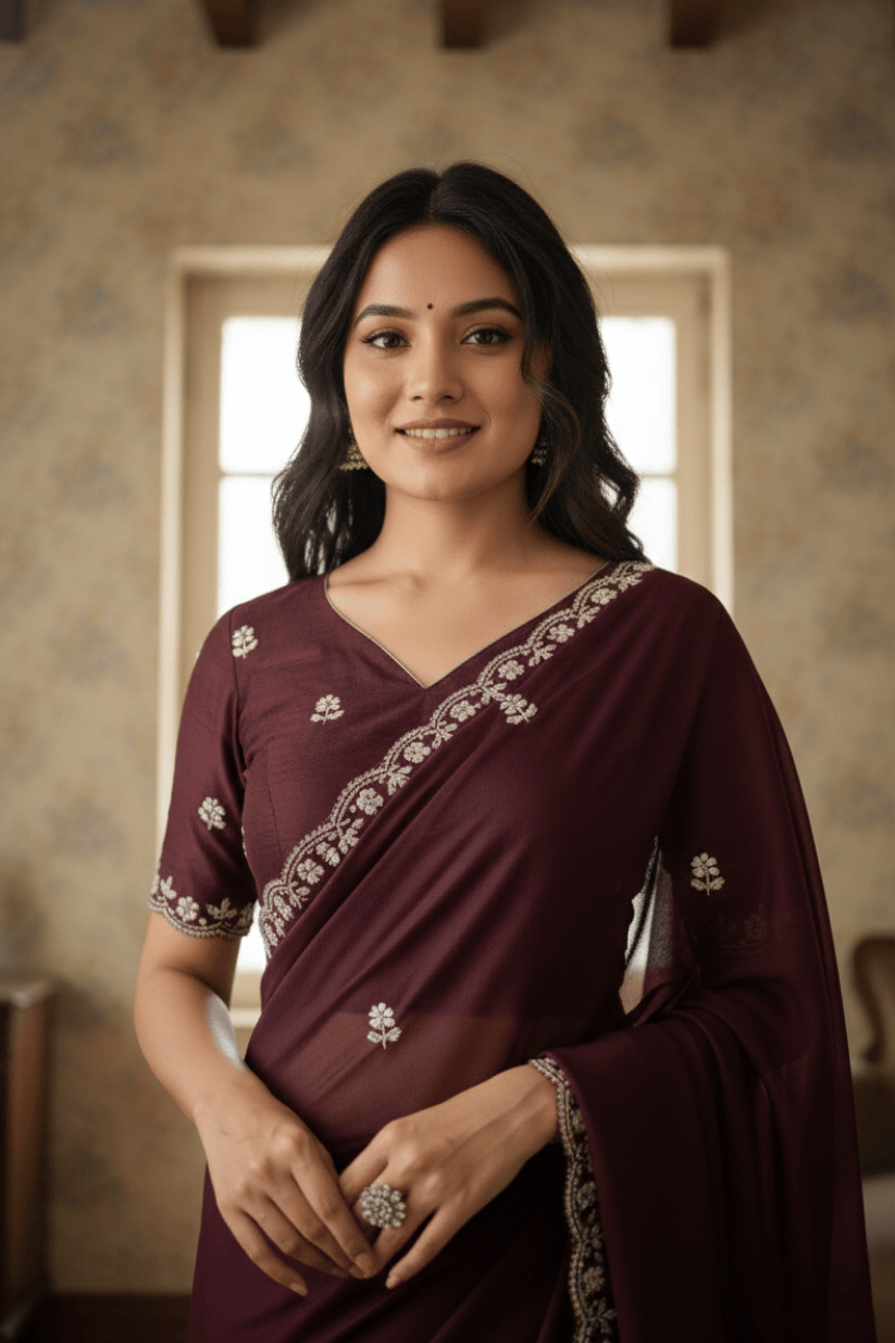 Wine Embroidered Georgette Lace Saree