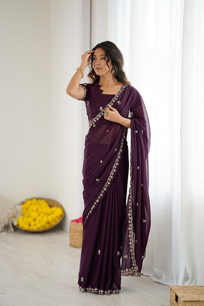 Wine Embroidered Georgette Lace Saree