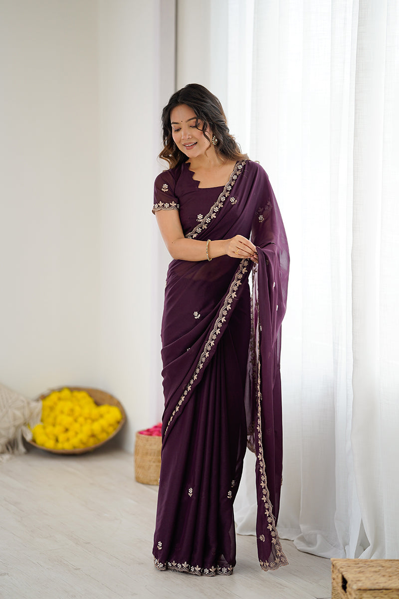Wine Embroidered Georgette Lace Saree