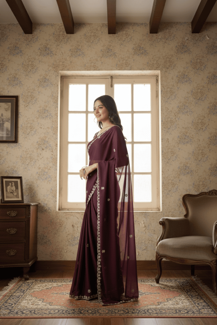 Wine Embroidered Georgette Lace Saree