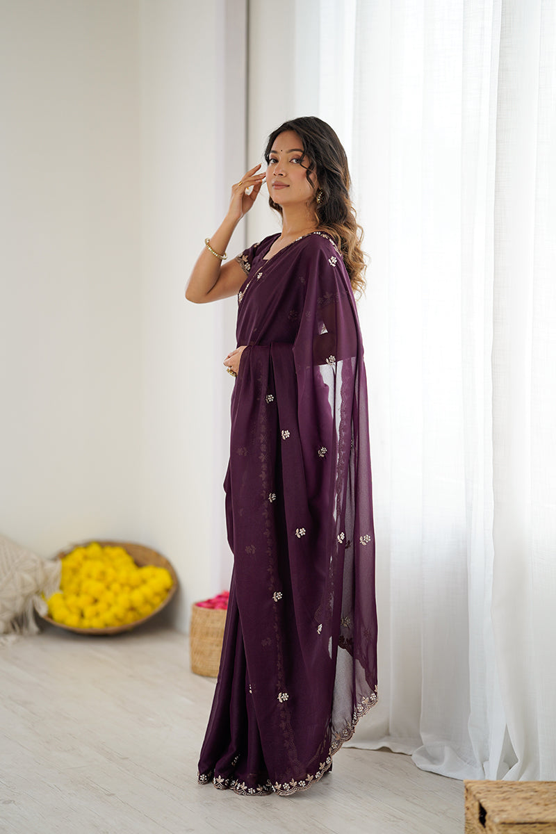Wine Embroidered Georgette Lace Saree