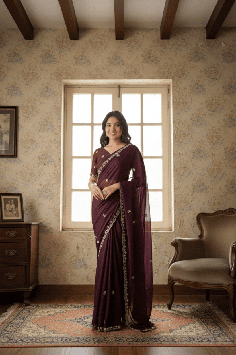 Wine Embroidered Georgette Lace Saree