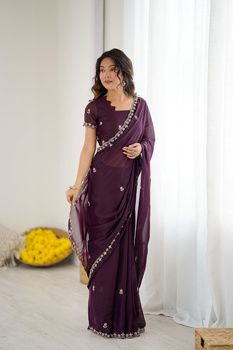 Wine Embroidered Georgette Lace Saree