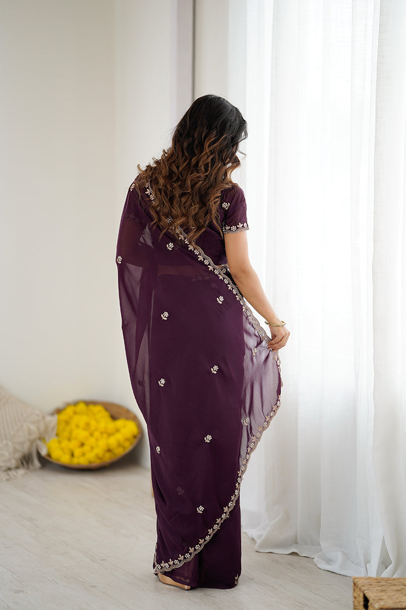 Wine Embroidered Georgette Lace Saree