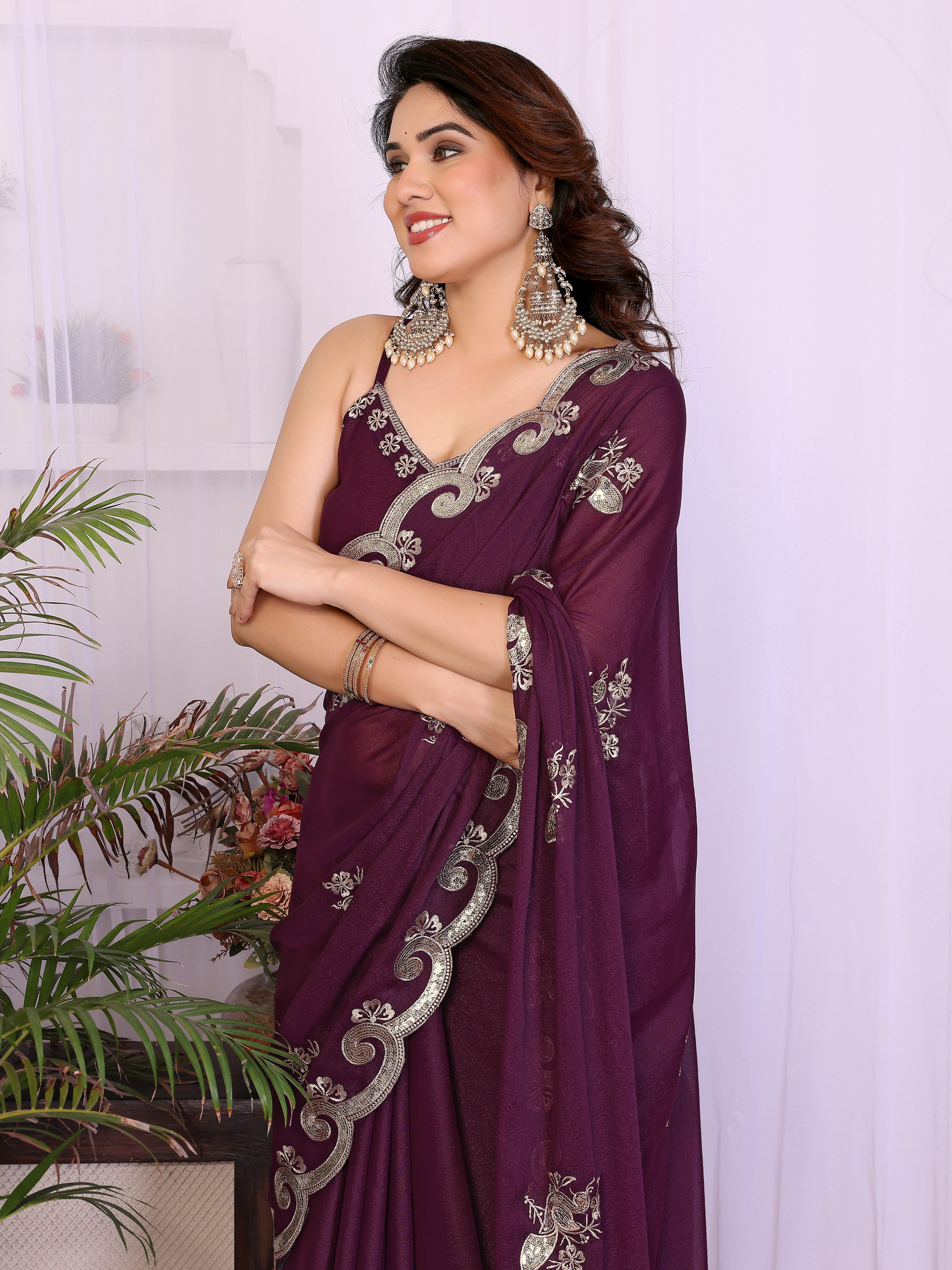 Wine Star Georgette Embroidered Saree