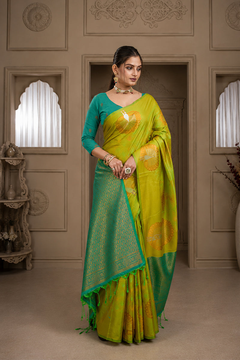 Neon Green Handloom Woven Banarasi Silk Saree