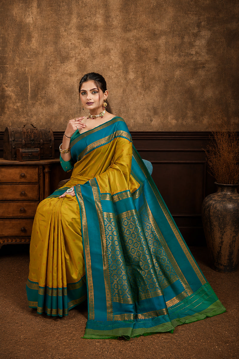 Yellow Narayan Border Silk Blend Saree