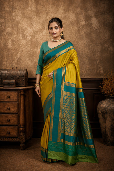 Yellow Narayan Border Silk Blend Saree