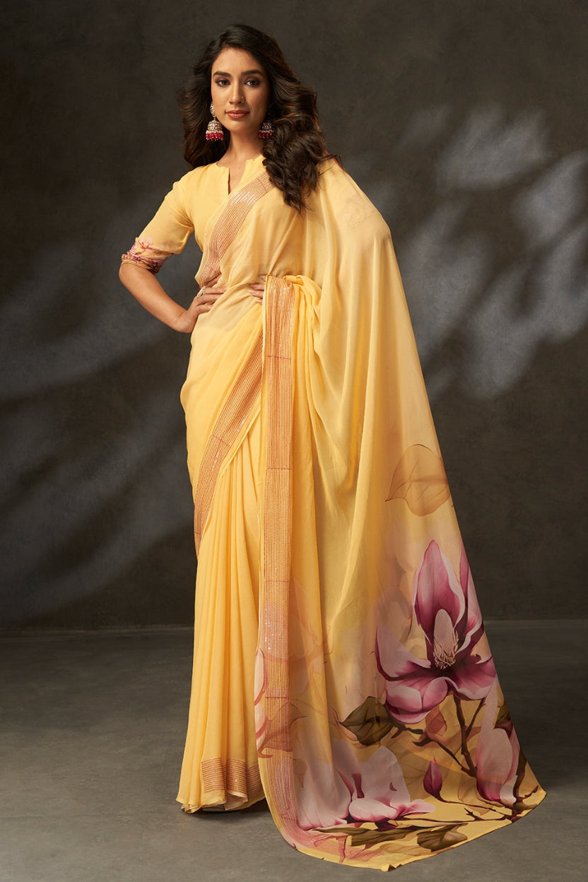 Yellow Digital Printed Georgette Saree