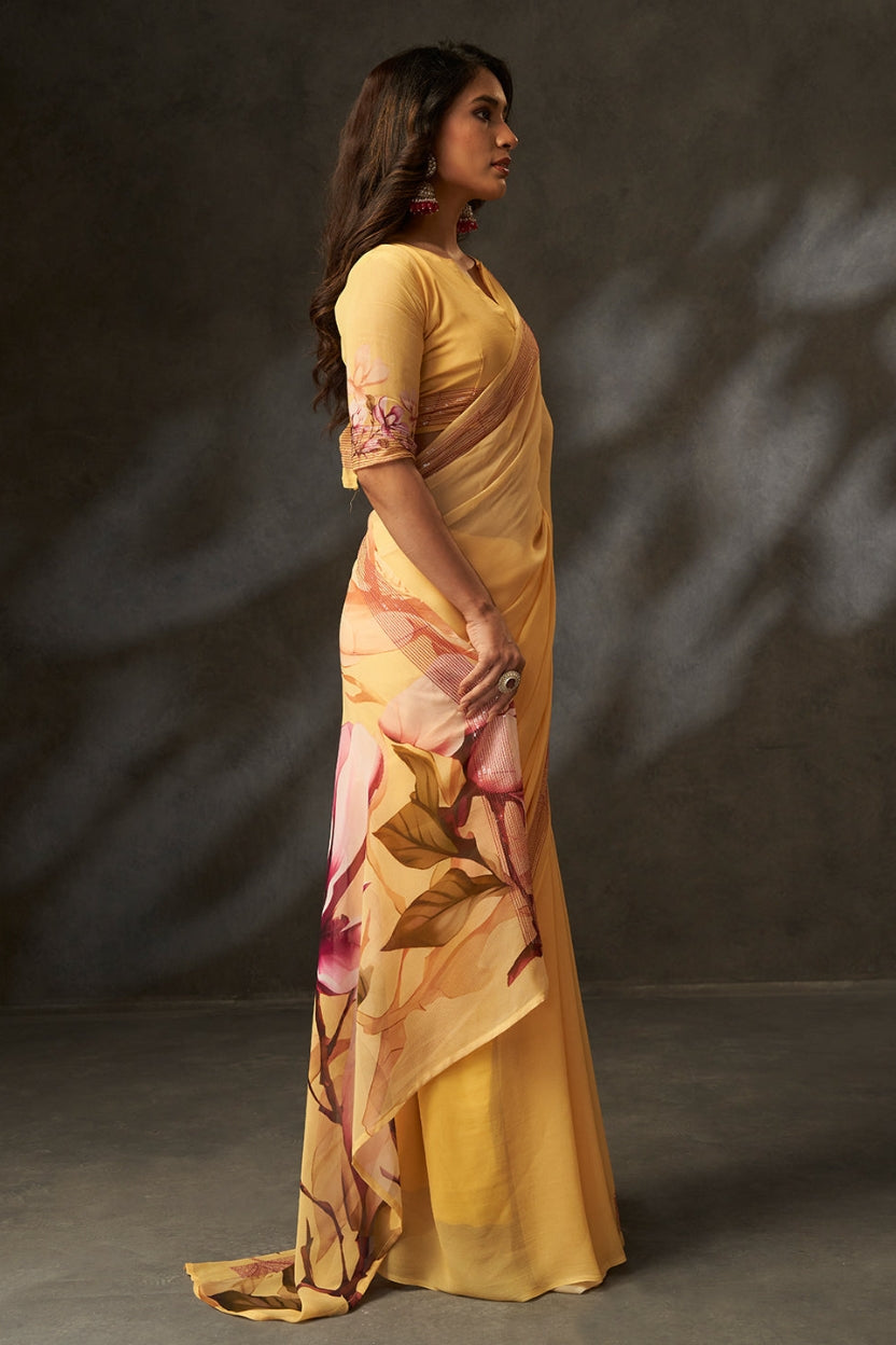 Yellow Digital Printed Georgette Saree