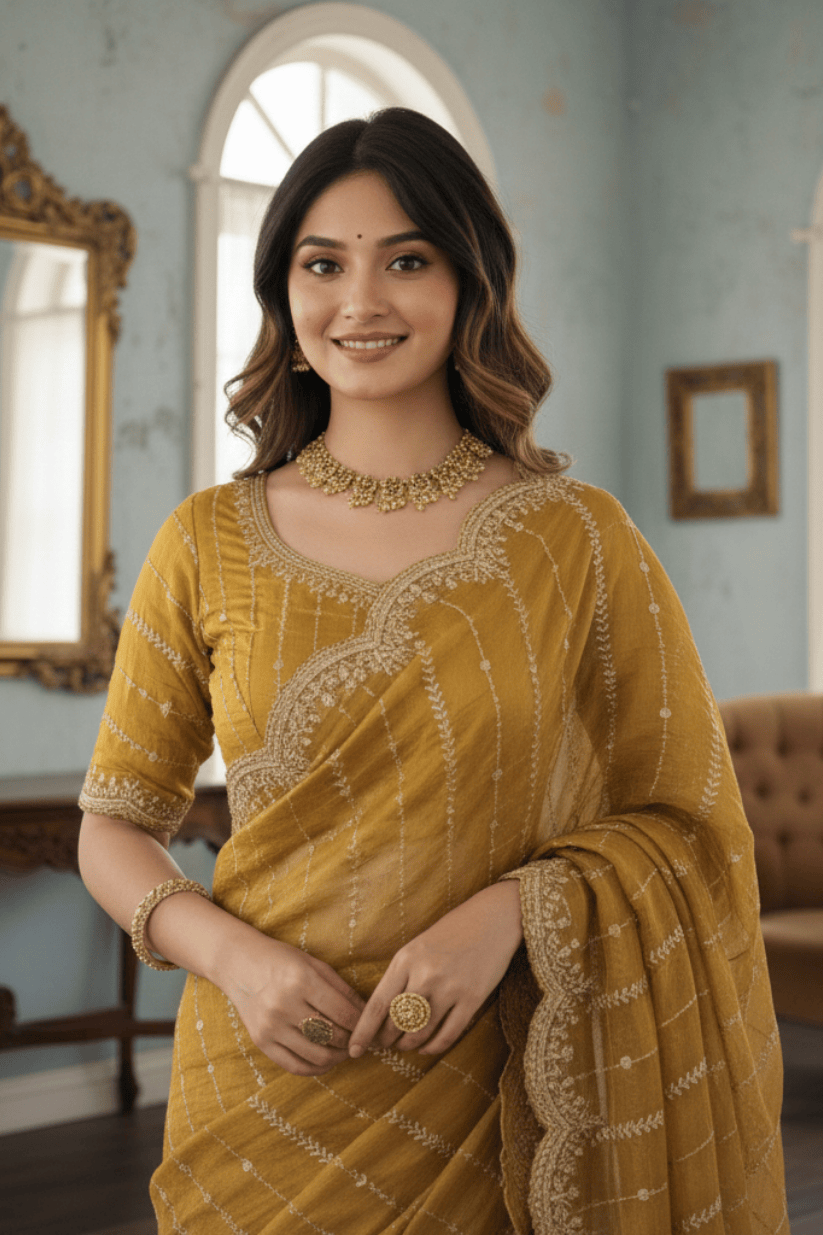 Yellow Fendi Satin Embroidery Saree