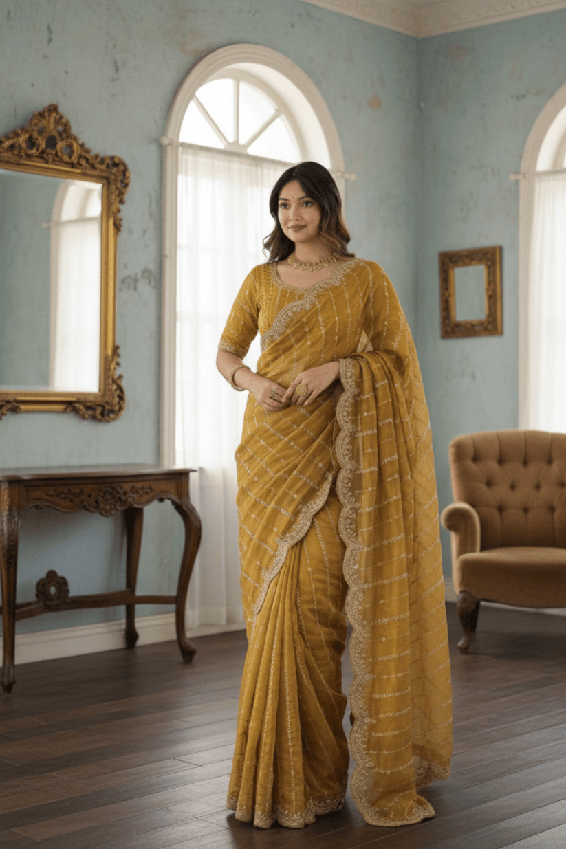 Yellow Fendi Satin Embroidery Saree
