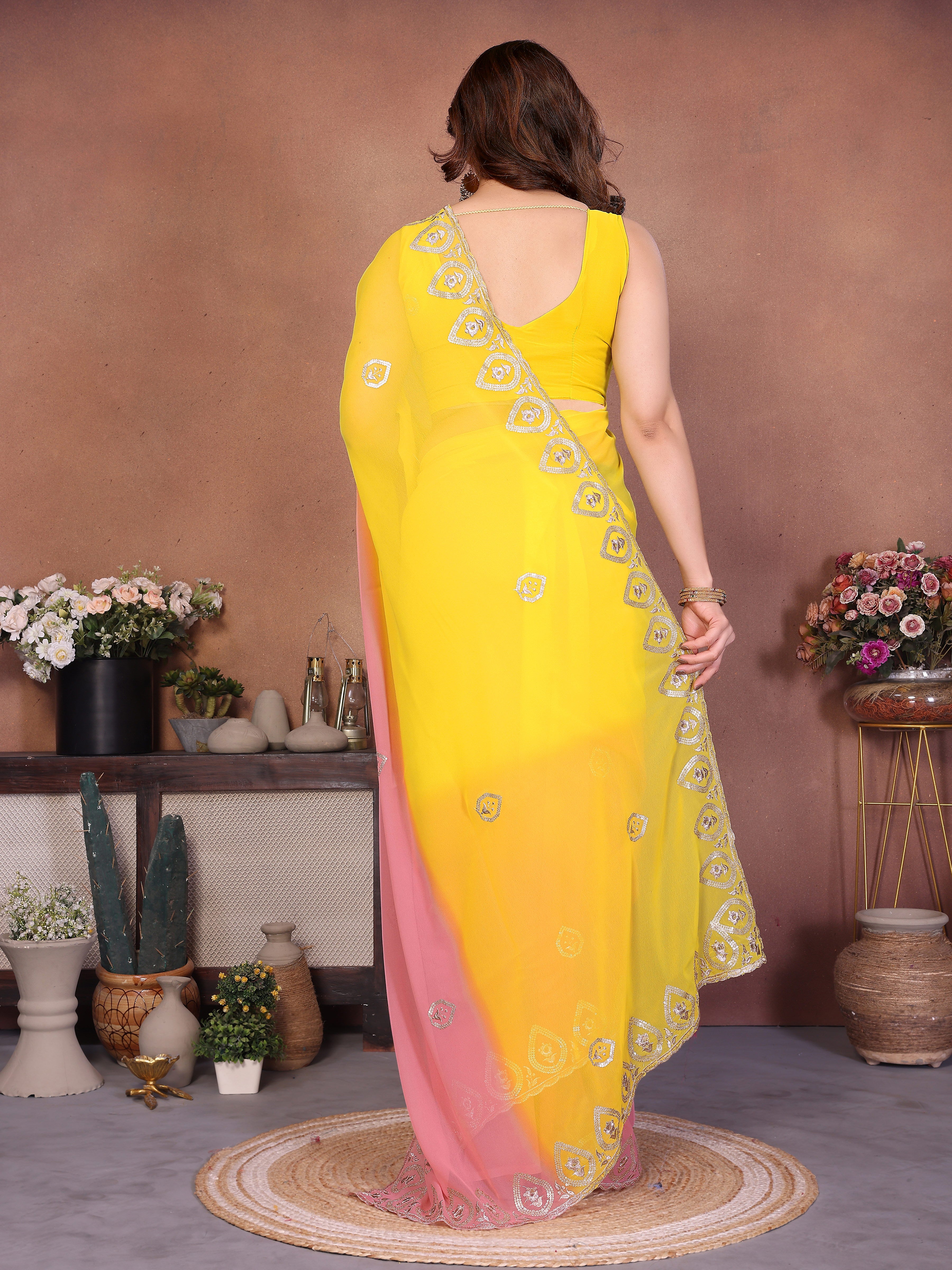 Yellow Georgette Embroidered Saree