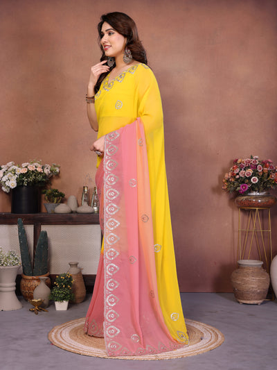 Yellow Georgette Embroidered Saree