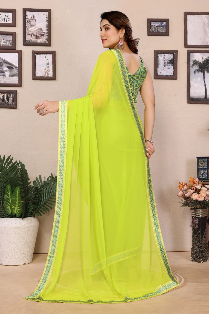 Yellow Georgette Lace Border Saree