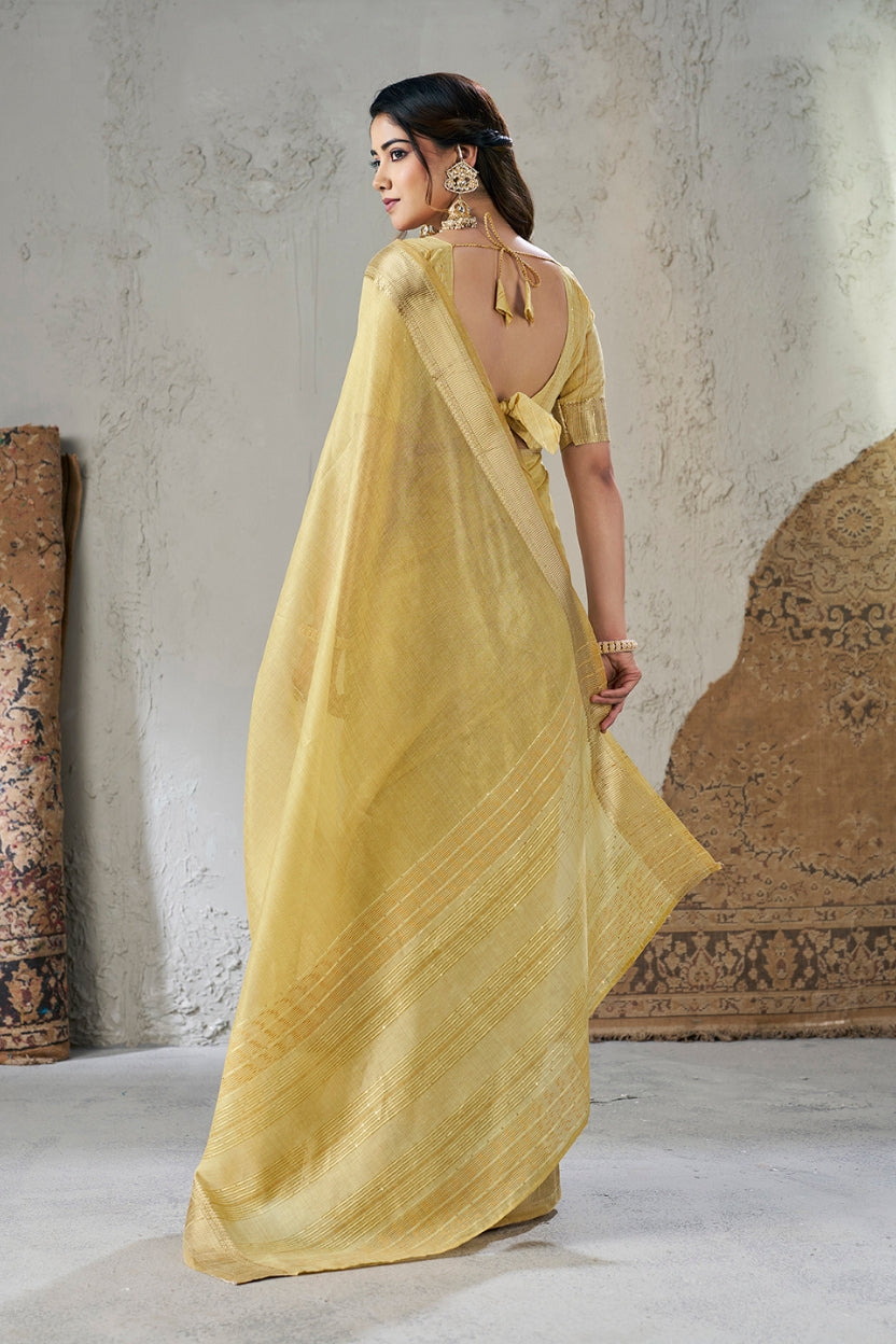 Yellow Linen Cotton Zari Border Saree