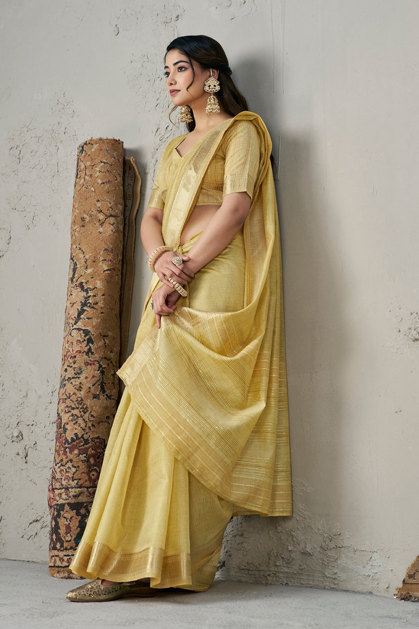 Yellow Linen Cotton Zari Border Saree