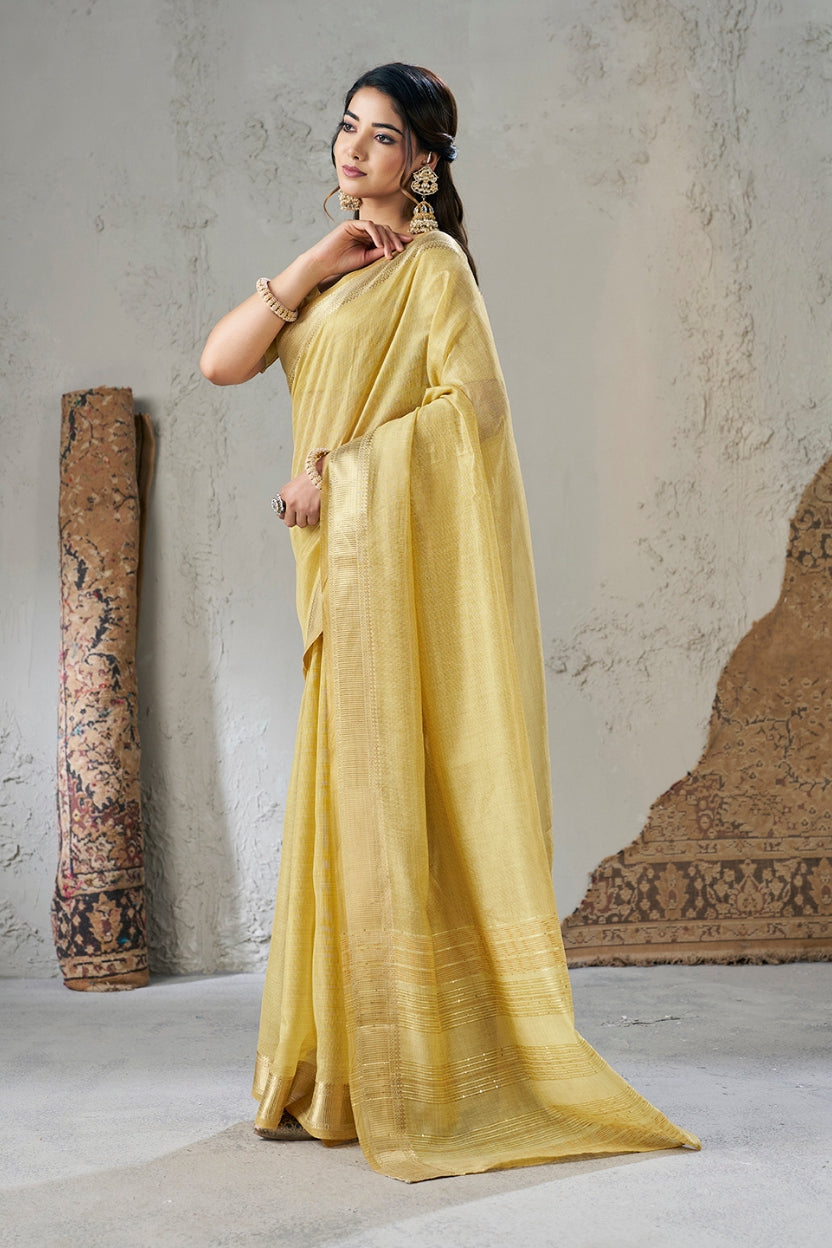 Yellow Linen Cotton Zari Border Saree