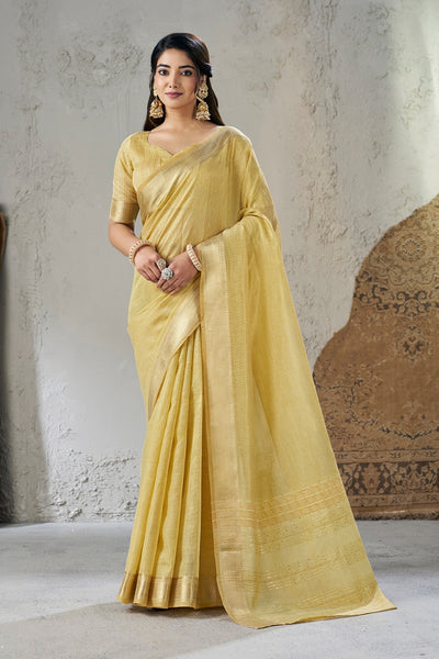 Yellow Linen Cotton Zari Border Saree