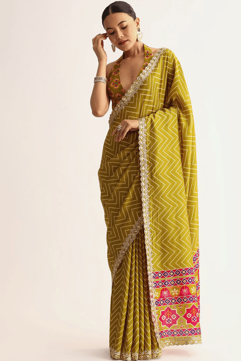 Yellow Manipuri Printed Saree With Embroidered Lace