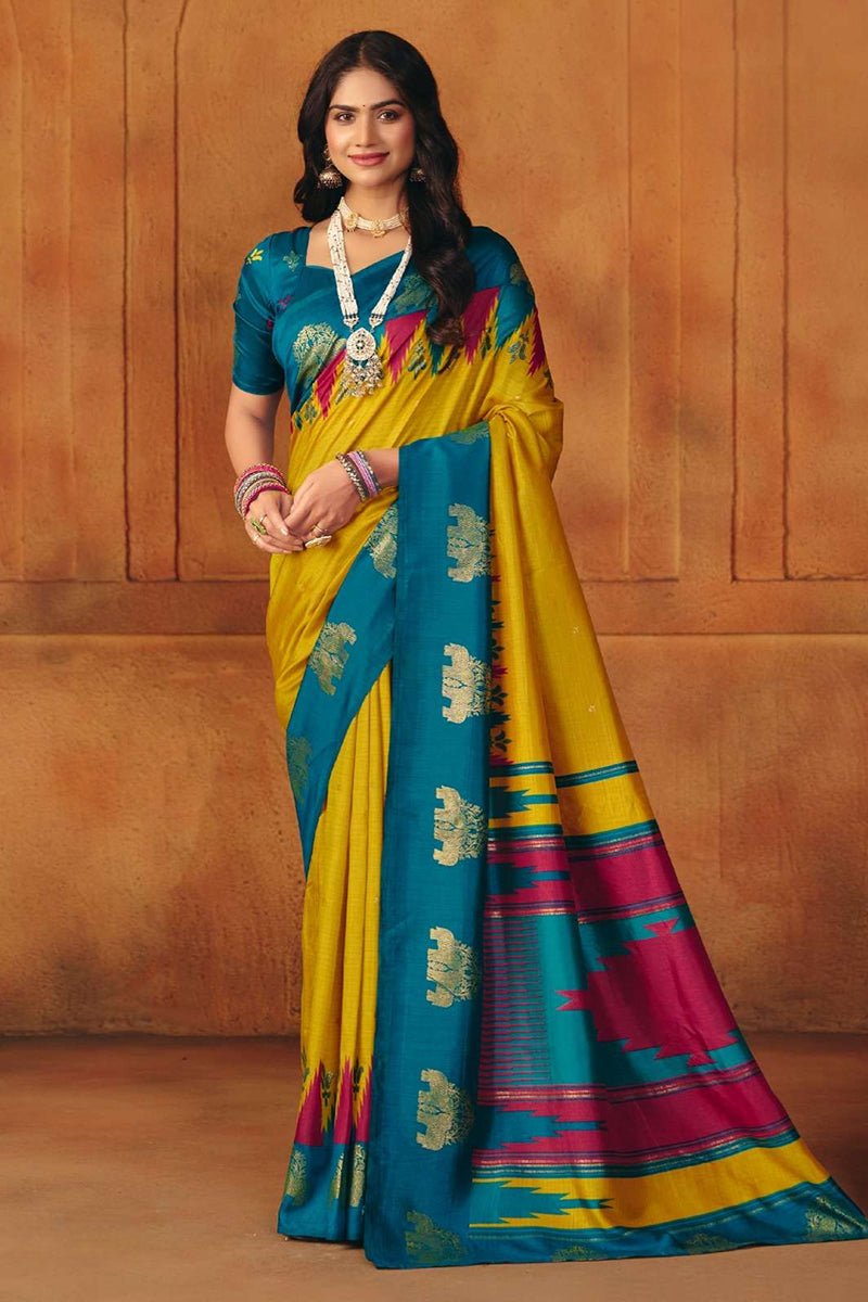 Yellow Manipuri Printed Saree With Foil Work