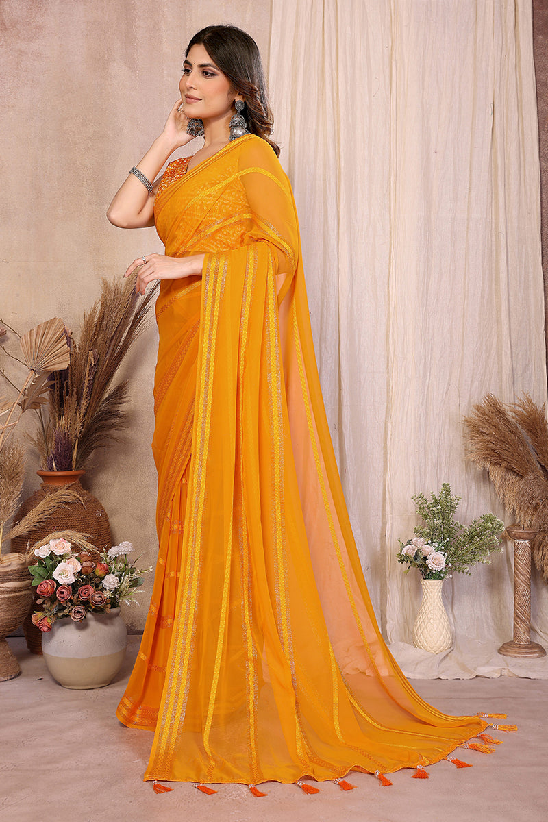 Yellow Plain Georgette Saree