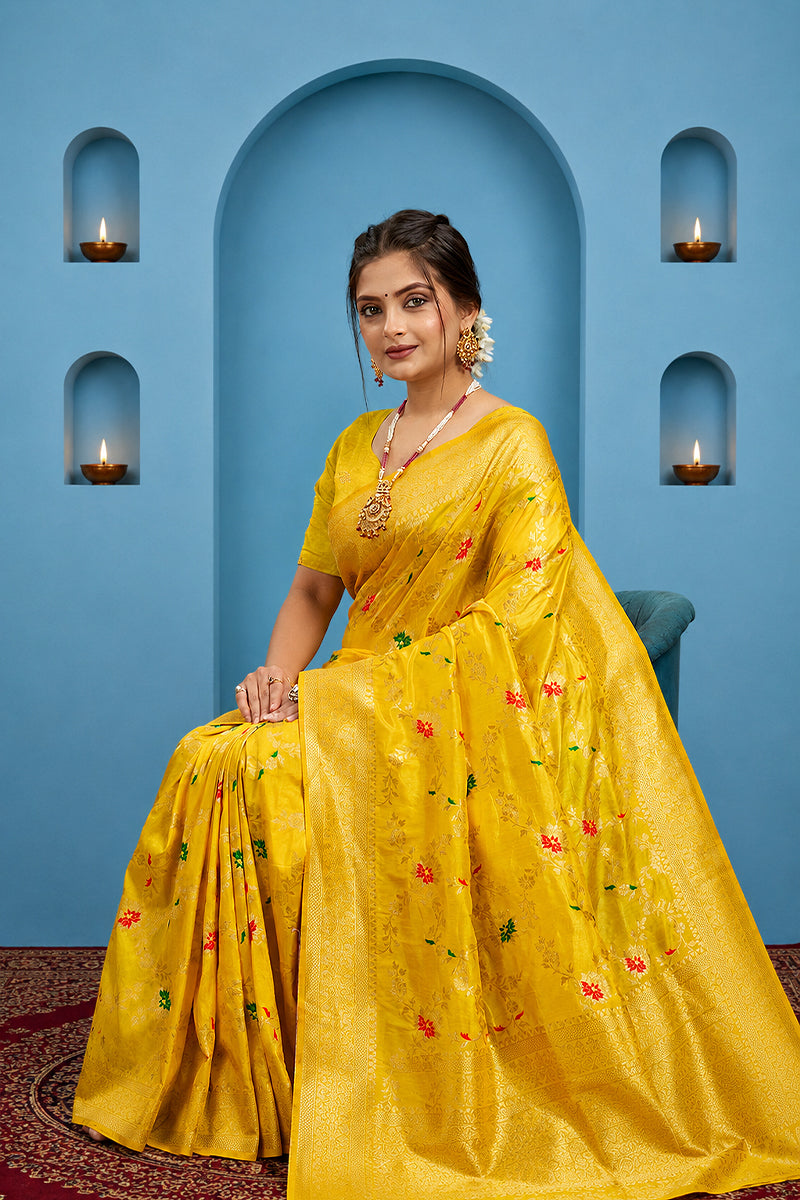 Yellow Pure Banarasi Khadi Silk Saree