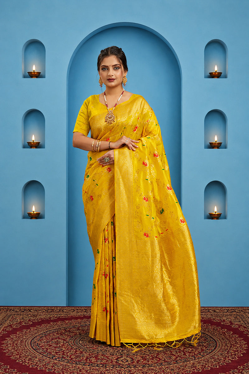Yellow Pure Banarasi Khadi Silk Saree