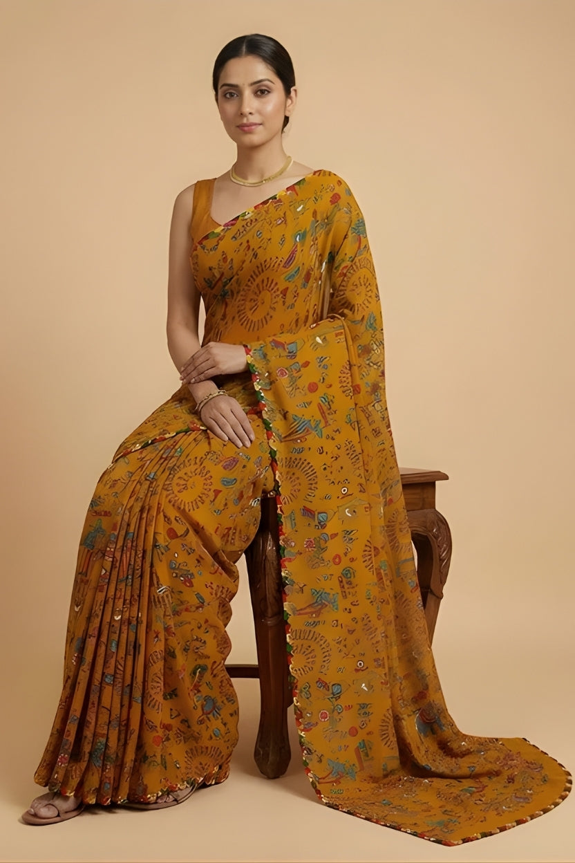 Yellow Floral Printed Georgette Saree