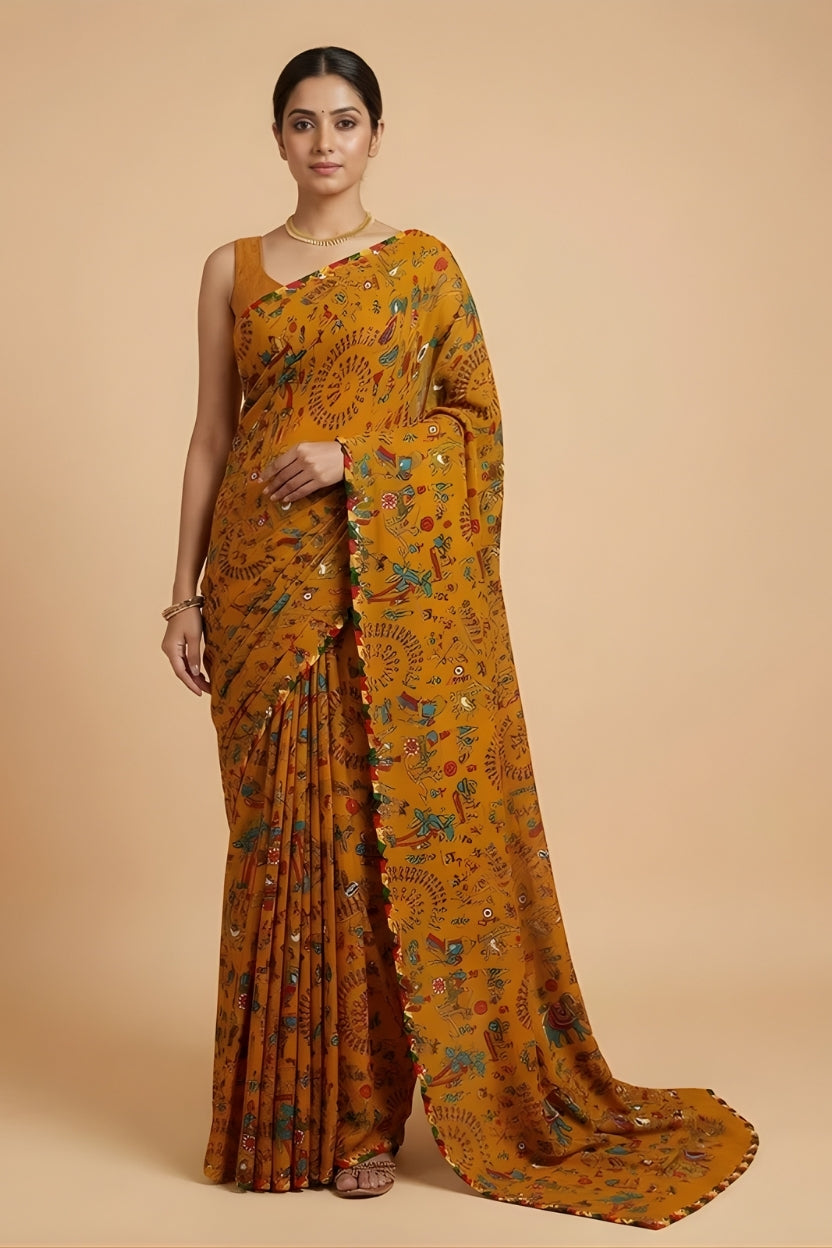 Yellow Floral Printed Georgette Saree